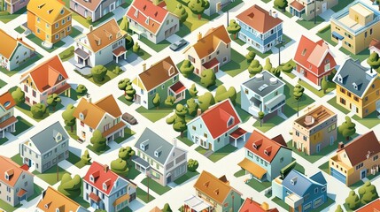 An isometric residential area with houses, apartments, and communal spaces, showcasing the diverse living arrangements in the city.