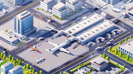 An isometric view of a city airport with terminals, runways, and surrounding infrastructure, illustrating the connectivity of the urban area.