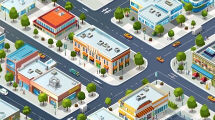 An isometric view of a city shopping district with malls, boutiques, and pedestrian zones, highlighting the retail landscape.