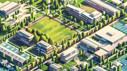 Obraz premium An isometric view of a city sports complex with stadiums, arenas, and recreational facilities, illustrating the city's commitment to sports and fitness.