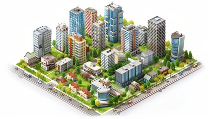Fototapeta premium An isometric view of a modern city block with high-rise apartments, shops, and green spaces, illustrating the blend of residential and commercial areas.