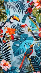 Naklejka premium Colorful birds perched among tropical plants and flowers against a vivid blue backdrop
