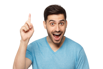 Young excited man in blue t-shirt, pointing upwards with finger, having great idea