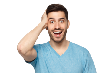 Young happy excited man in blue t-shirt, touching his head with amazement, trying to believe in his success