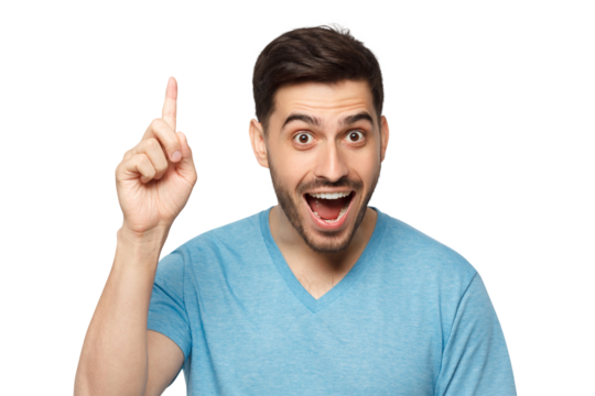 Young excited man in blue t-shirt, pointing upwards with finger, having great idea