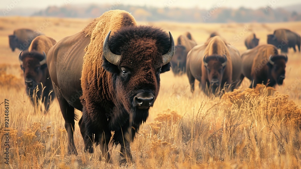 Wall mural bison roam north american plains in herds, with massive heads and shaggy fur for winter survival.