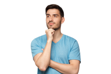 Young man in blue t-shirt thinkig with dreamy cheerful expression