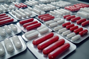 Industrial scale pharmaceutical manufacturing with vibrant capsules highlighting mass production and healthcare