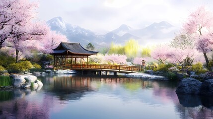 Fototapeta premium Tranquil Japanese garden scene with a wooden bridge leading to a gazebo, surrounded by blooming cherry trees and a peaceful lake reflecting the vibrant colors of the scenery.