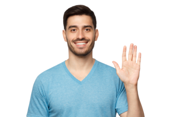 Young smiling man greeting someone with open hand, wearing blue t-shirt