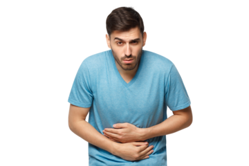 Abdominal pain or ache concept. Young sick man touching his stomach