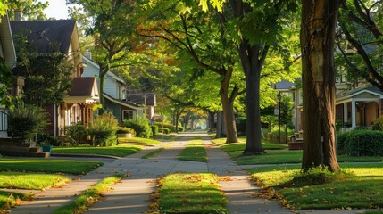 Fototapeta premium Capture a quiet suburban street with tree-lined sidewalks and charming houses, showcasing the peacefulness of residential life.