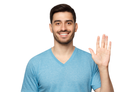Young smiling man greeting someone with open hand, wearing blue t-shirt