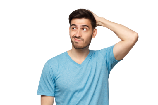 Young doubtful man thinking, scratching head and trying to find solution