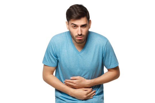 Abdominal pain or ache concept. Young sick man touching his stomach