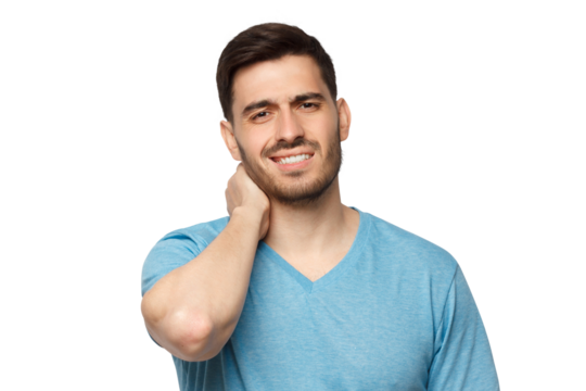 Young man in blue t-shirt, touching his neck because it hurts