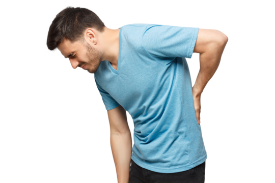 Young unhappy guy in blue t-shirt suffering from severe backache, touching back trying to ease pain in spine - Powered by Adobe