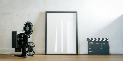 Movie poster mockup with projector and clapper. 3d rendering