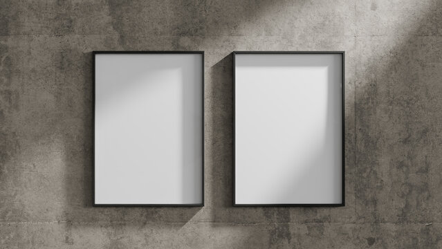 Two poster mock-ups on a rough concrete wall. 3d rendering