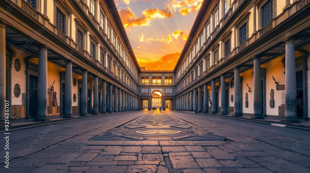 Wall mural Capture the beauty of the classical architecture of the Uffizi Gallery in Florence, with its elegant design and historical significance.