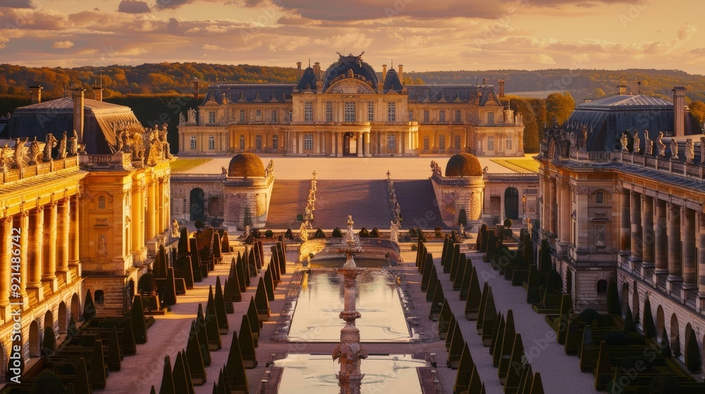 Wall mural capture the elegance of the palace of versailles, with its opulent baroque architecture, sprawling g