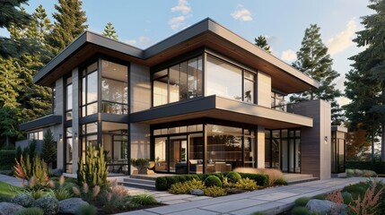Fototapeta premium Capture the elegance of a modern home exterior with sleek lines, large windows, and minimalist landscaping, showcasing contemporary architectural design.