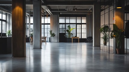 Spacious Industrial Loft Interior with Concrete Floors and Large Windows