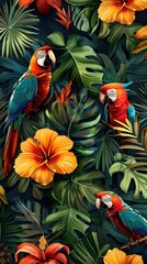 Fototapeta premium Three lively parrots are perched amid tropical foliage and striking hibiscus blooms