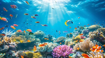 Naklejka premium Coral reefs teem with marine life, showcasing underwater biodiversity.