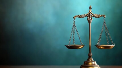 A classic bronze balance scale symbolizing justice, against a serene blue background, ideal for legal or courtroom themes.