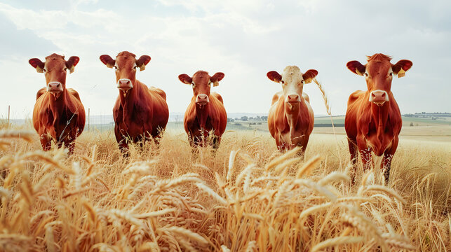 Five red cattle grazing in a scenic wheat field with a cloudy sky in the countryside  The image evokes a peaceful pastoral scene of agricultural life