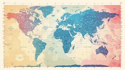 Create a detailed world map focused on international time zones, clearly marking the boundaries and time differences.