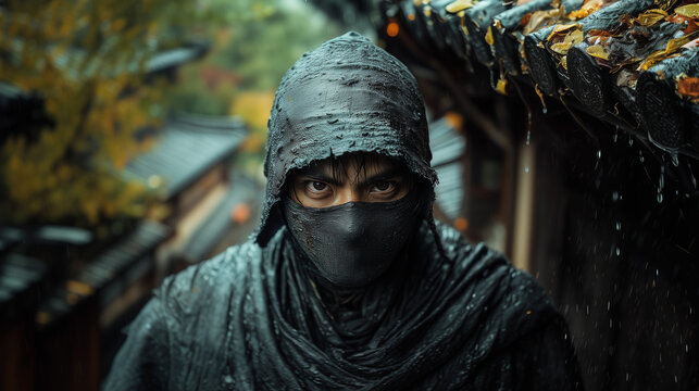 ninja in a black mask and hood standing on the street on a rainy day