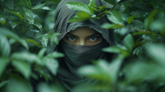ninja in a black mask hidden behind lush green leaves of the forest