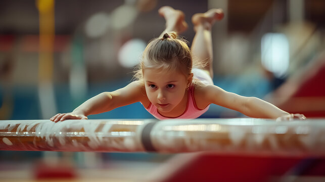 Child Gymnast on Balance Beam: Preparing a young child athlete gymnast on a balance beam. - Powered by Adobe