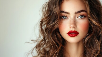 Fototapeta premium Beautiful woman with long curly brown hair and red lipstick.