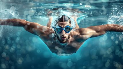 Naklejka premium Professional Swimmer in Action: Professional male swimmer in action inside a swimming pool.