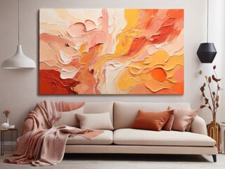 
Modern Living Room with Abstract Orange Art and Stylish Decor
