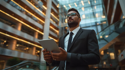 Businessman with Tablet: Professional business man in a business center with a tablet computer.
