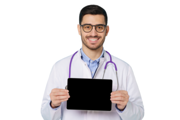 Portrait of young handsome doctor presenting horizontal tablet with blank screen and copy space for medical app ads