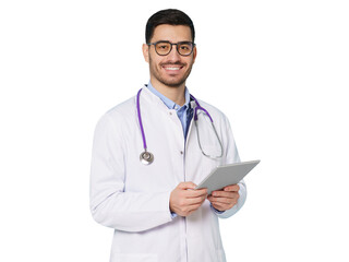 Young male doctor, looking at camera with confident smile, holding tablet