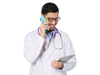 Young male doctor standing, looking at tablet screen while talking on phone, discussing patient issues