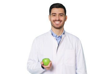 Smiling nutritionist or dentist doctor wearing white coat and round glasses, holding green apple in hand