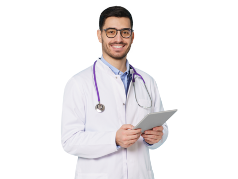 Young male doctor, looking at camera with confident smile, holding tablet - Powered by Adobe