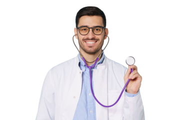 Smiling male physician doctor in white robe, wearing glasses and stethoscope on, ready to examine his patients