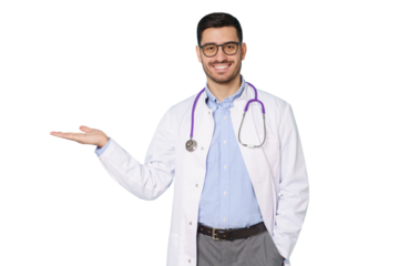 ыmiling young male doctor standing in medical robe and eyeglasses, showing commercial offer with hand