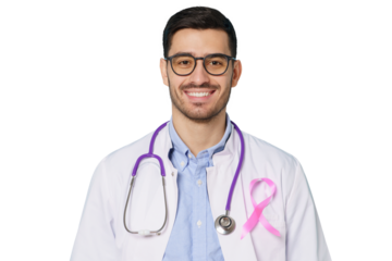 Portrait of young oncologist doctor with pink ribbon on his white coat. Breast cancer awareness month concept.