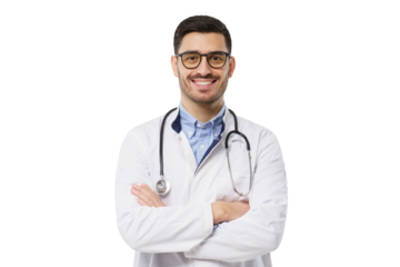 Portrait of smiling handsome male doctor with stethoscope around neck, wearing white coat and round glasses
