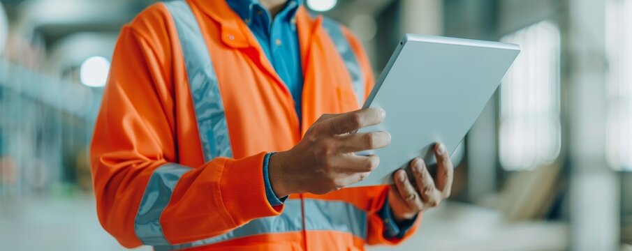 A construction worker in an orange safety vest uses a tablet to check data on a job site, ensuring efficiency and productivity.