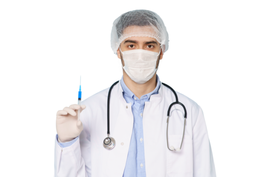 Young doctor wearing white medical mask and gloves holding syringe with coronavirus vaccine